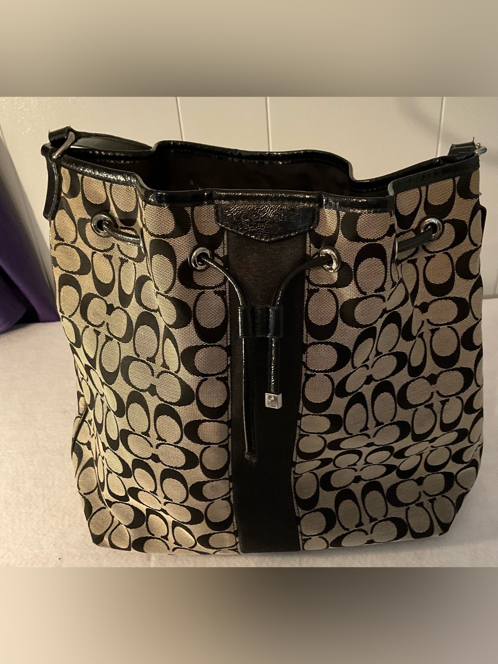 Coach Brown and Black Signature Canvas Drawstring Shoulder Tote